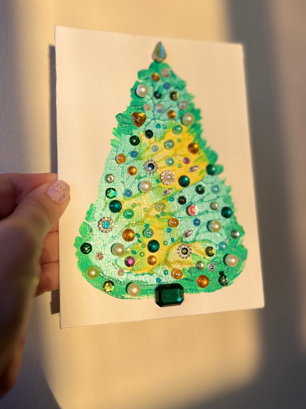 Handmade Green & Yellow Christmas Tree Canvas with Gem Embellishments 5x7 inch - Picture 5 of 8